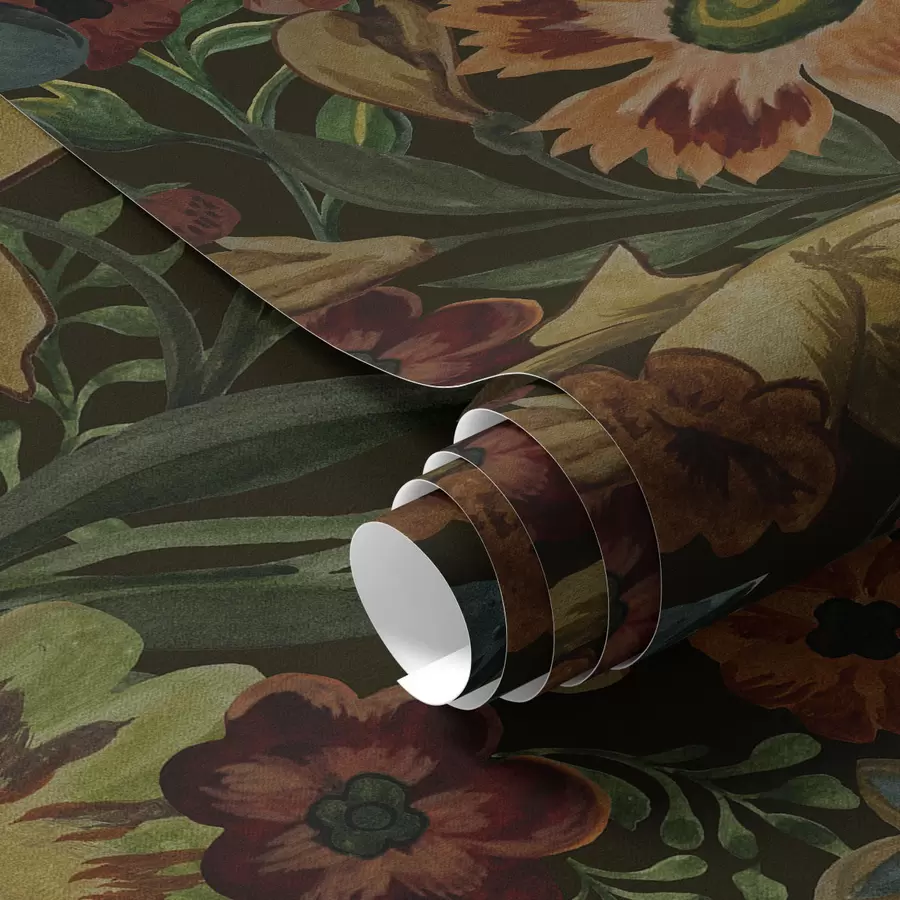 zidne murale Tamno cvijeće i lišće na tamnoj pozadini a00100