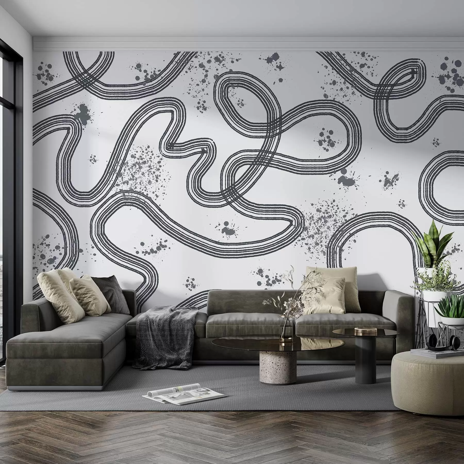 zidne murale Linijski crtež, mrlje boje, minimalizam, siva boja w03408v2