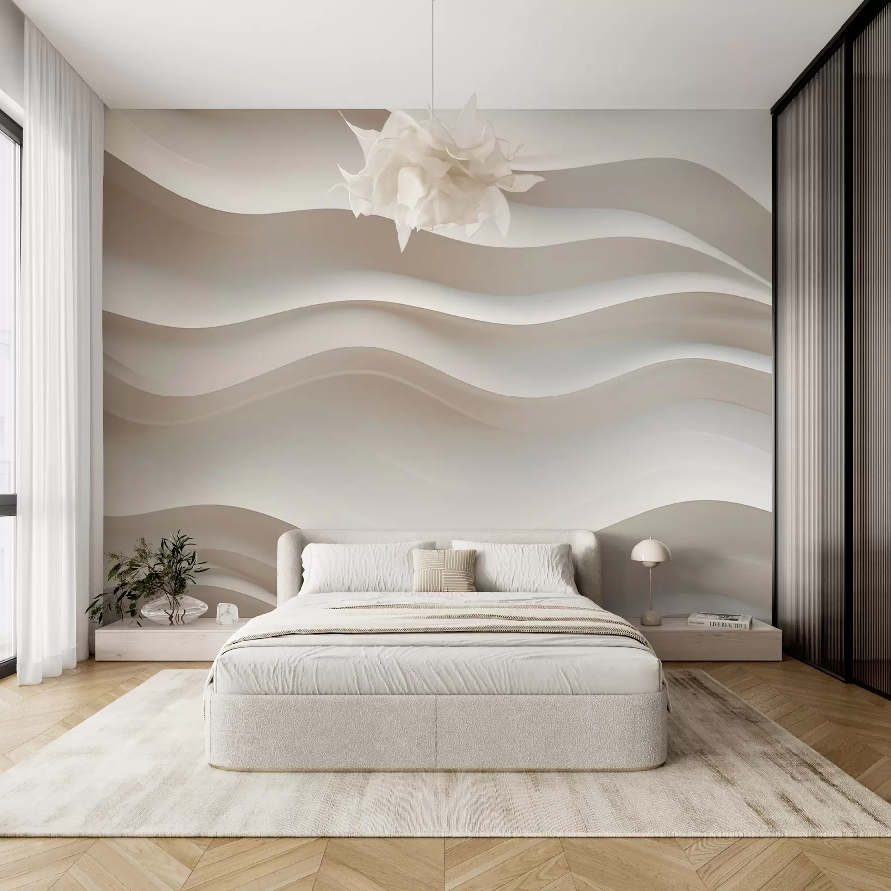 zidne murale 3D bijeli i sivi valovi w08939
