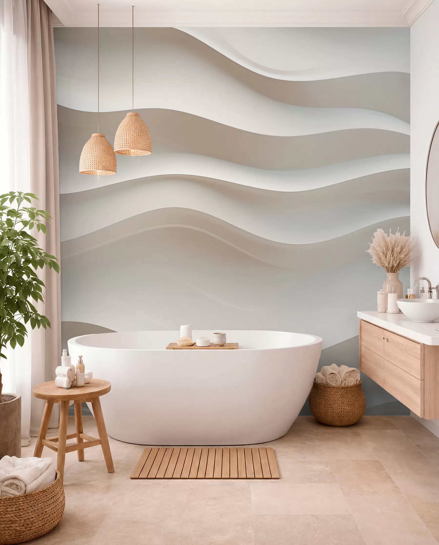 zidne murale 3D bijeli i sivi valovi w08939