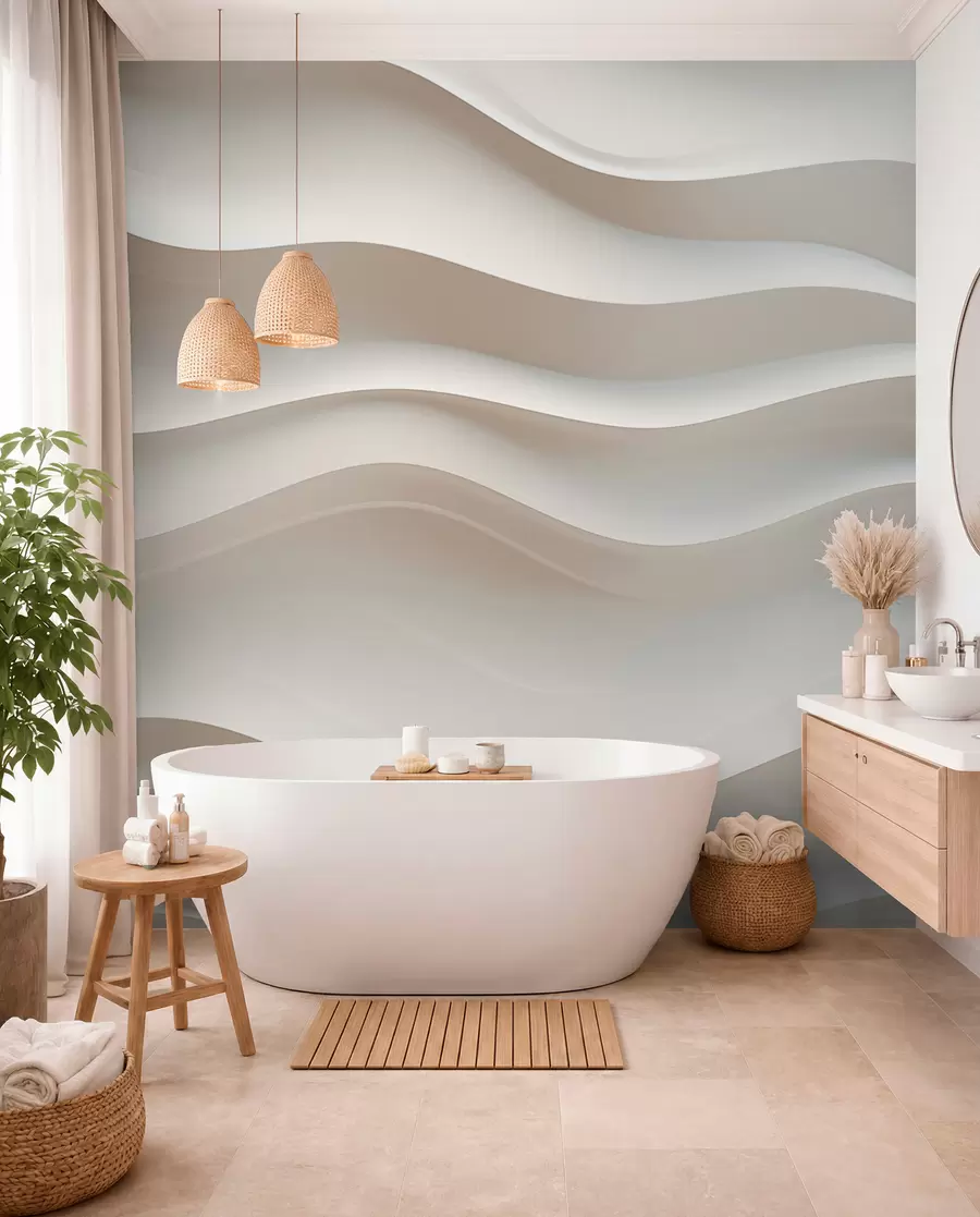 zidne murale 3D bijeli i sivi valovi w08939