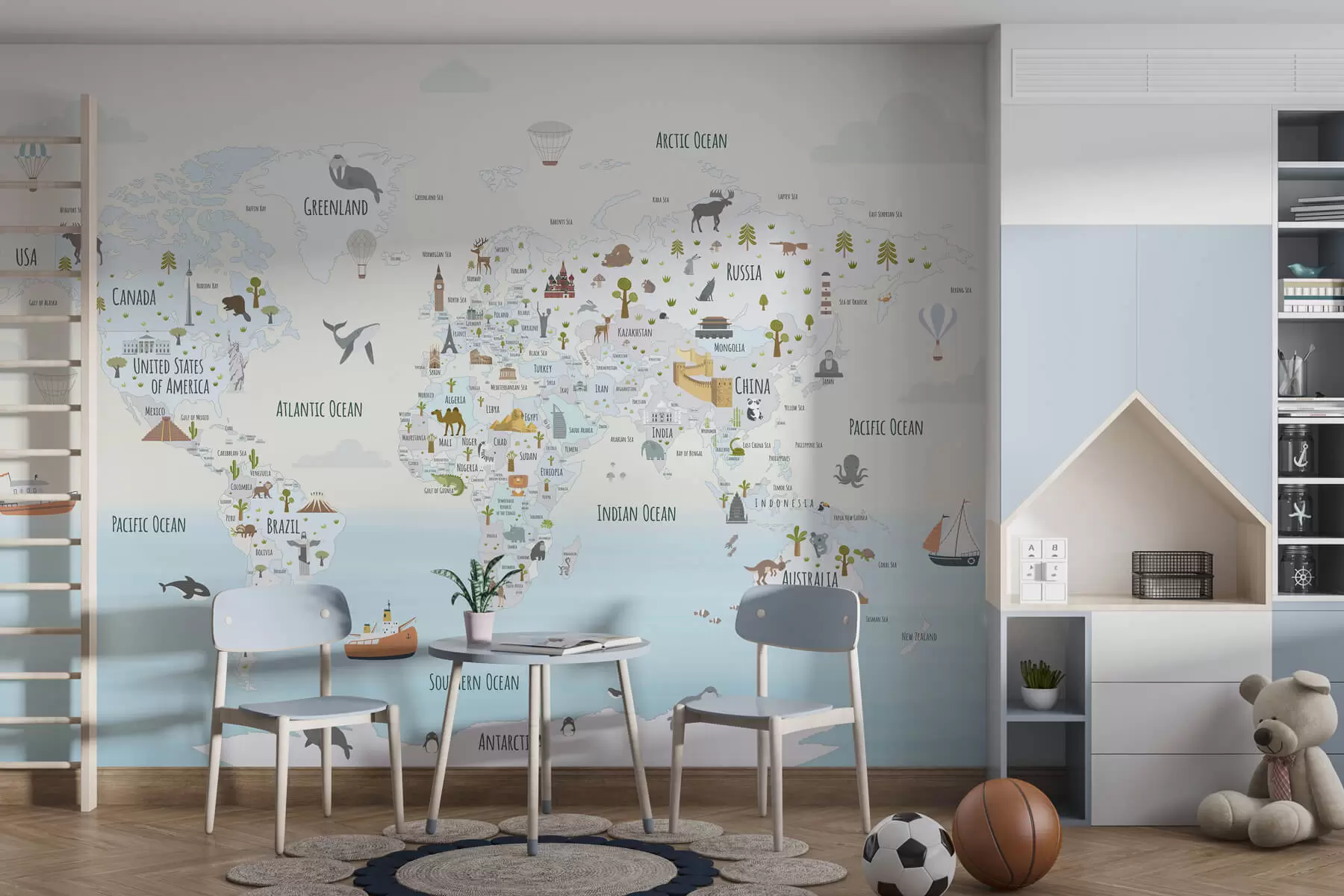 zidne murale Karta svijeta sa životinjama i znamenitostima w03410