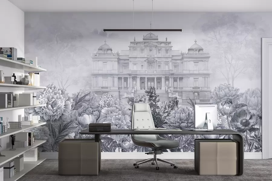 zidne murale Kraljevska palača s vrtom božura, stil akvarela, priroda, plave boje, boho w03552v1