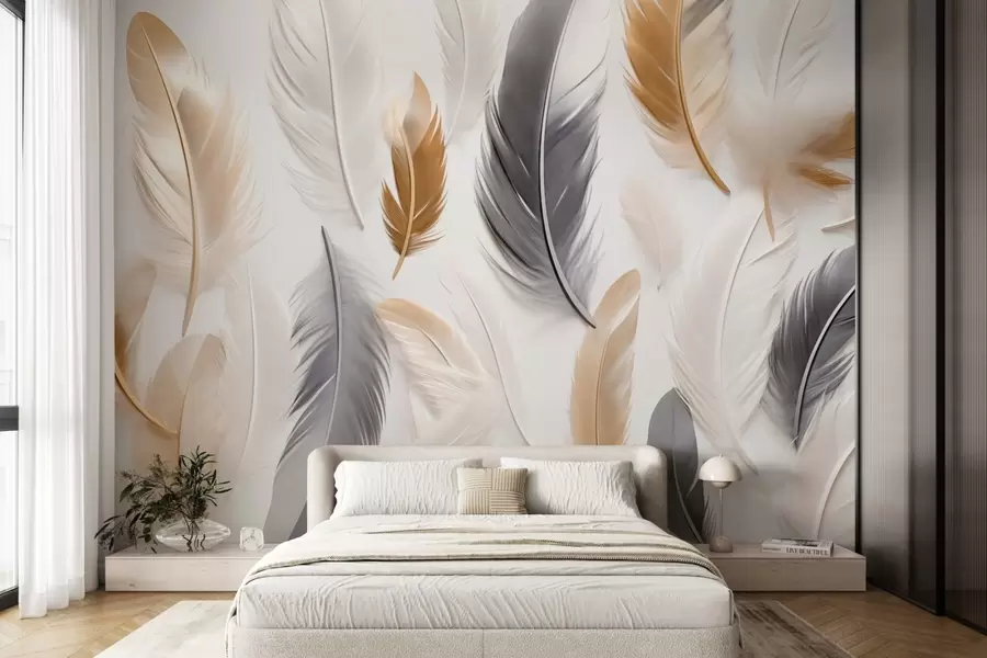 zidne murale Bež-sivo perje u mekim, mirnim tonovima w08955