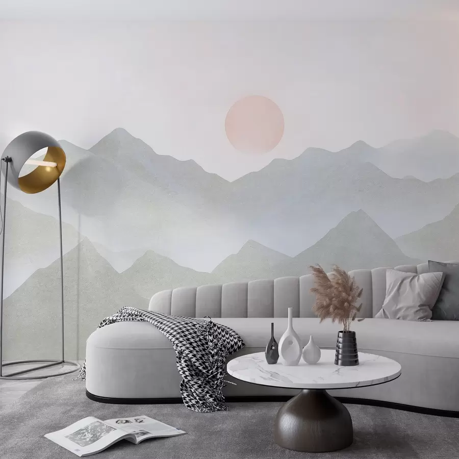 zidne murale Planinski krajolik u boho stilu, zalazak sunca, nježno pastelno, sivo w03547v1