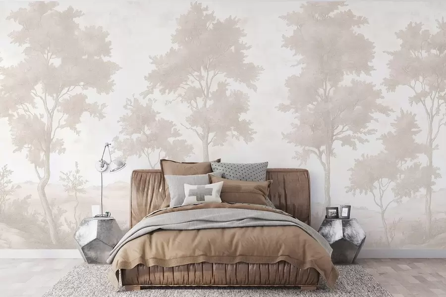 zidne murale Drveće na brdu, pastelni stil crteža, bež boje, rustikalno w03550