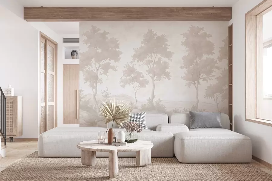 zidne murale Drveće na brdu, pastelni stil crteža, bež boje, rustikalno w03550