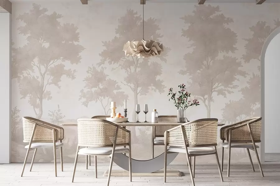 zidne murale Drveće na brdu, pastelni stil crteža, bež boje, rustikalno w03550