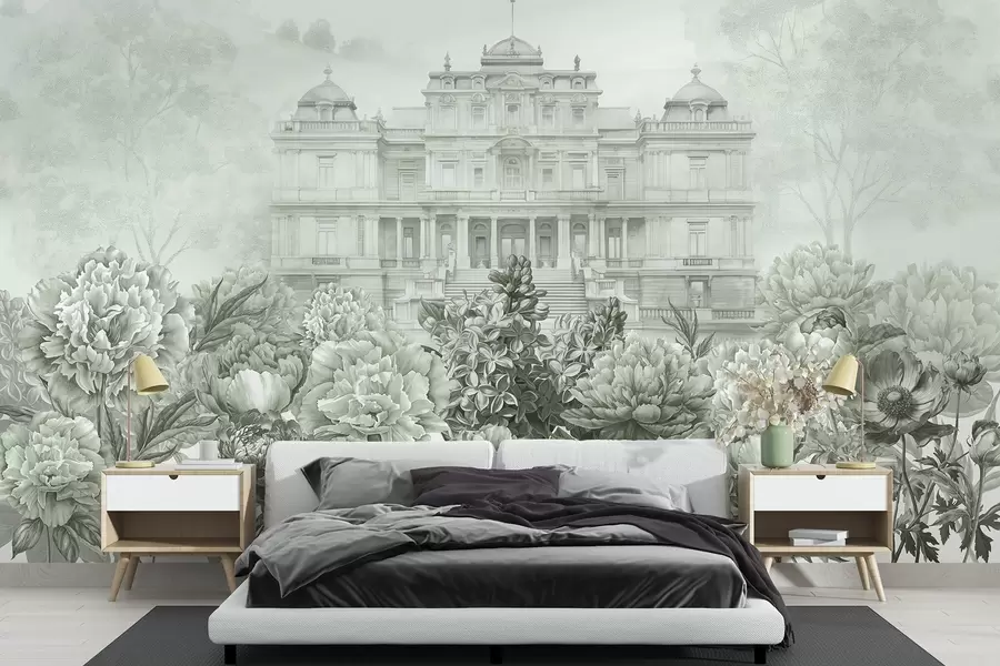 zidne murale Kraljevska palača s vrtom božura, stil akvarela, priroda, zelene boje, boho w03552v2