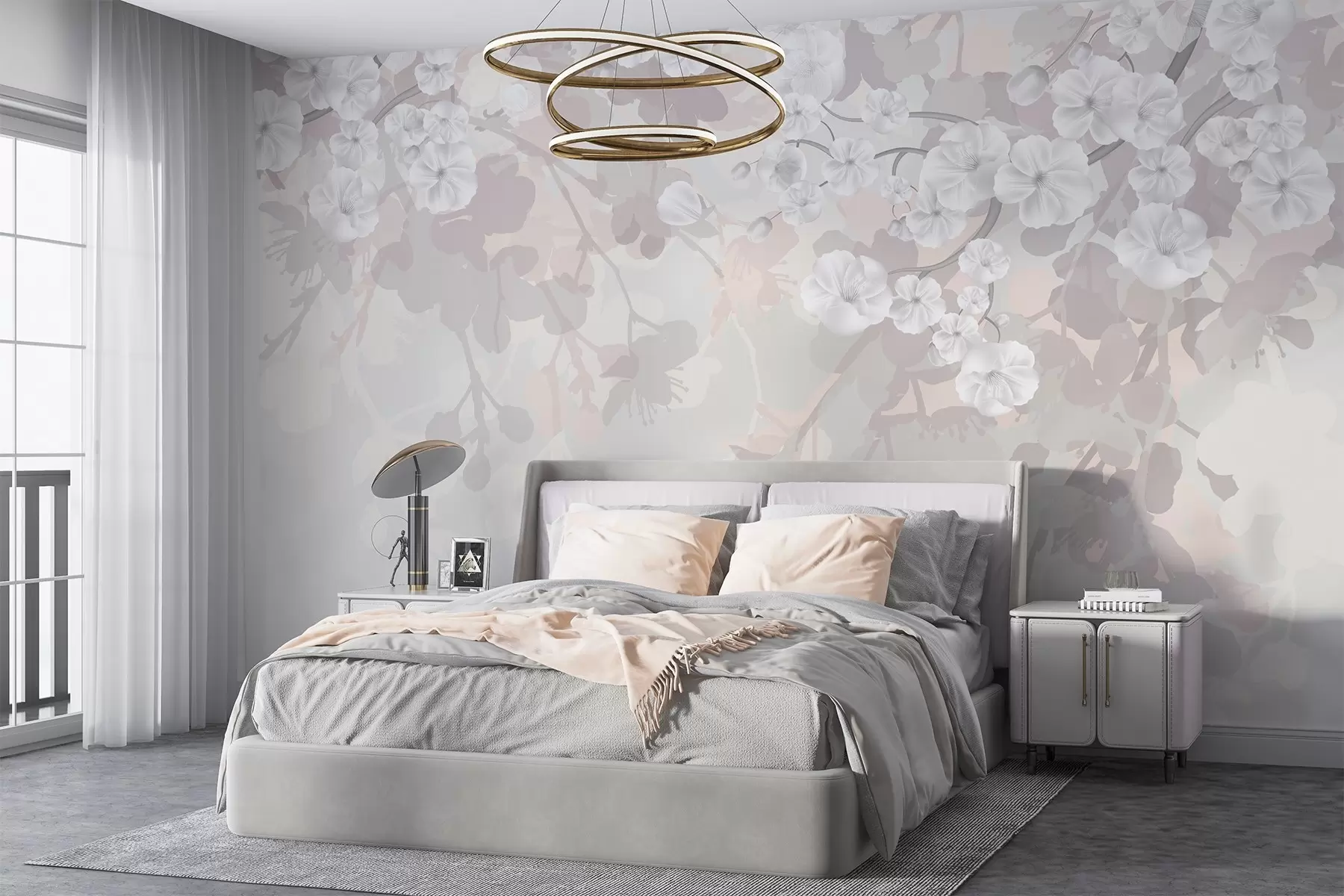 zidne murale Grane trešnjinog cvijeta s bijelim cvjetovima i sivim lišćem, na elegantnim cvjetnim siluetama u nježnim pastelnim bojama w08973v1