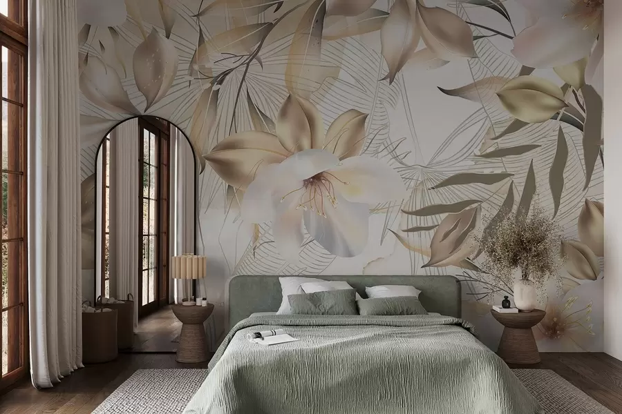 zidne murale Cvjetovi i listovi jasmina, nježne boje, botanička ilustracija, cvjetna pozadina, elegantan dizajn, nježne latice w08977