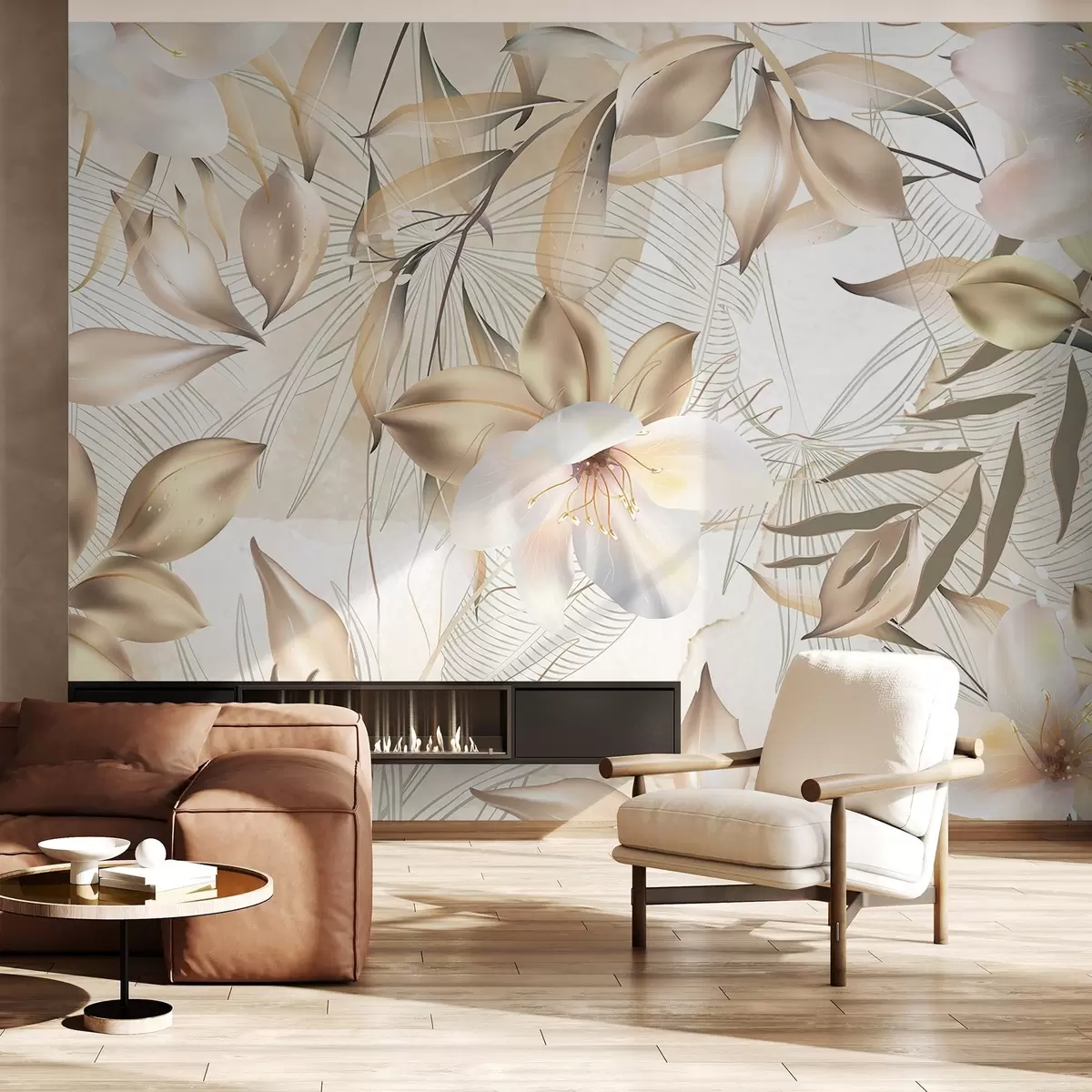 zidne murale Cvjetovi i listovi jasmina, nježne boje, botanička ilustracija, cvjetna pozadina, elegantan dizajn, nježne latice w08977