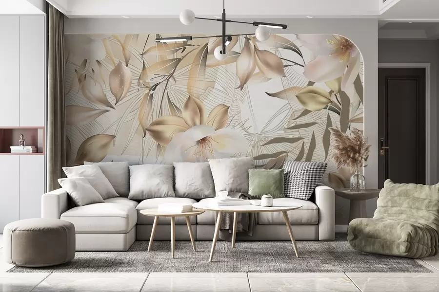 zidne murale Cvjetovi i listovi jasmina, nježne boje, botanička ilustracija, cvjetna pozadina, elegantan dizajn, nježne latice w08977