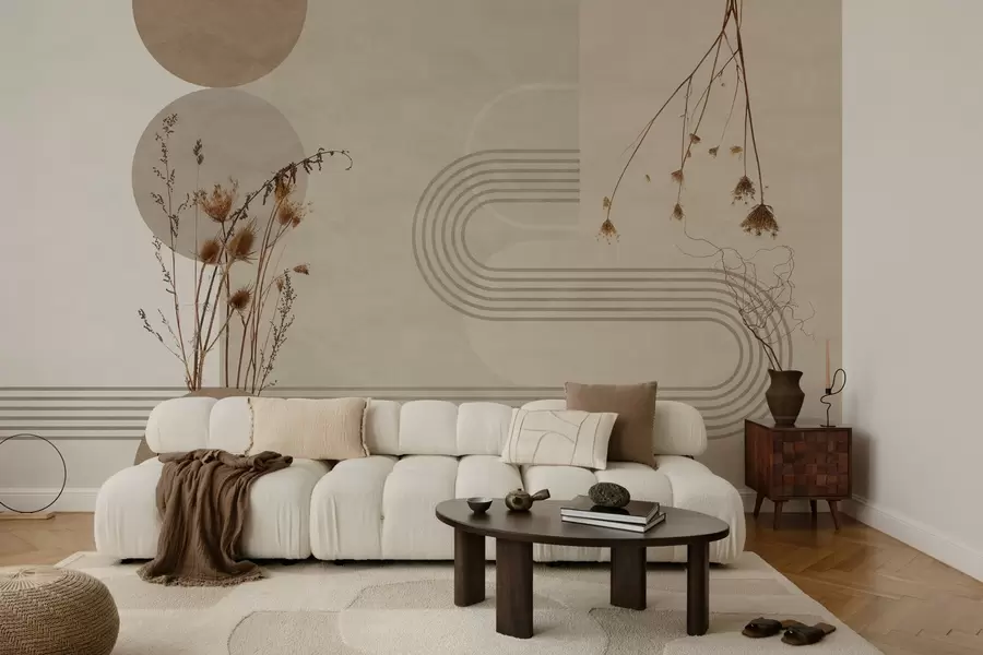 zidne murale elegantna geometrija i suho cvijeće u bež tonovima w03449