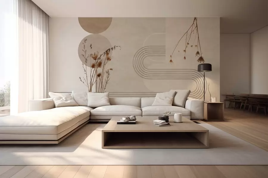 zidne murale elegantna geometrija i suho cvijeće u bež tonovima w03449