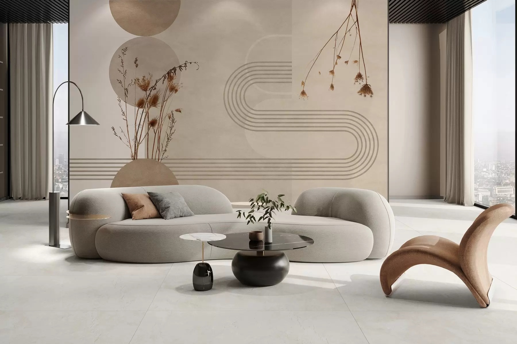 zidne murale elegantna geometrija i suho cvijeće u bež tonovima w03449