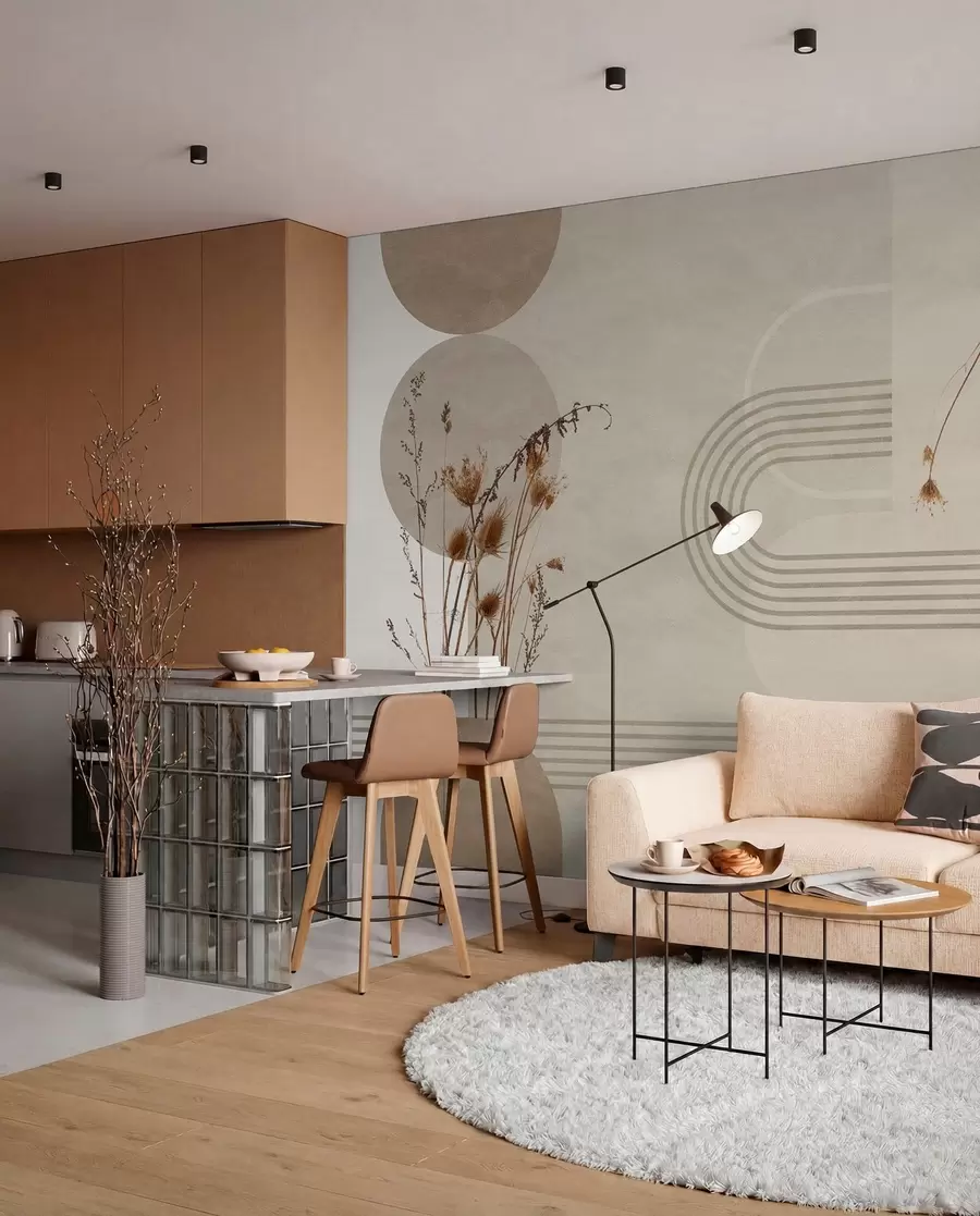 zidne murale elegantna geometrija i suho cvijeće u bež tonovima w03449