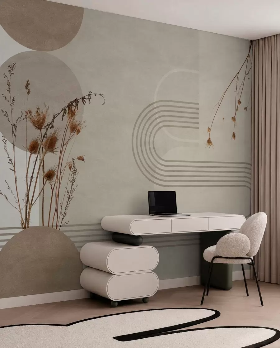 zidne murale elegantna geometrija i suho cvijeće u bež tonovima w03449