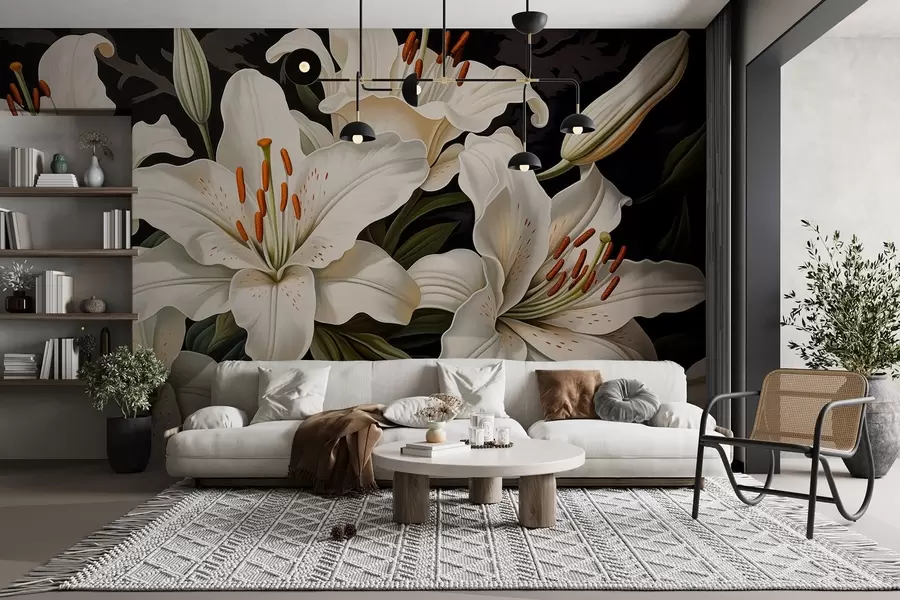 zidne murale Elegantni veliki bijeli cvjetovi na tamnoj pozadini w08983