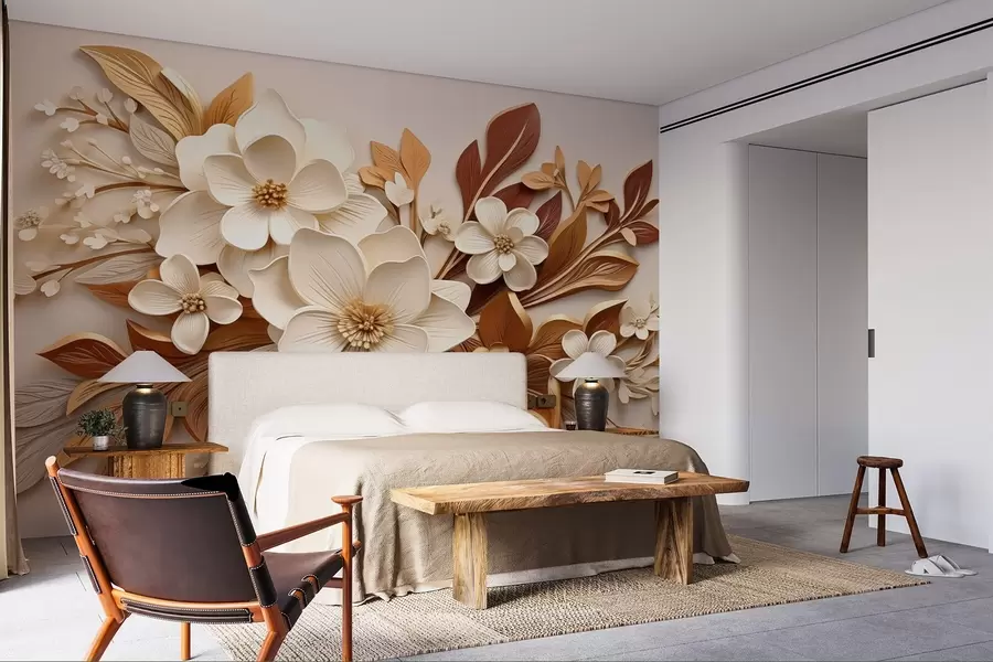 zidne murale 3D cvijeće s lišćem u origami stilu u bež tonovima w08984