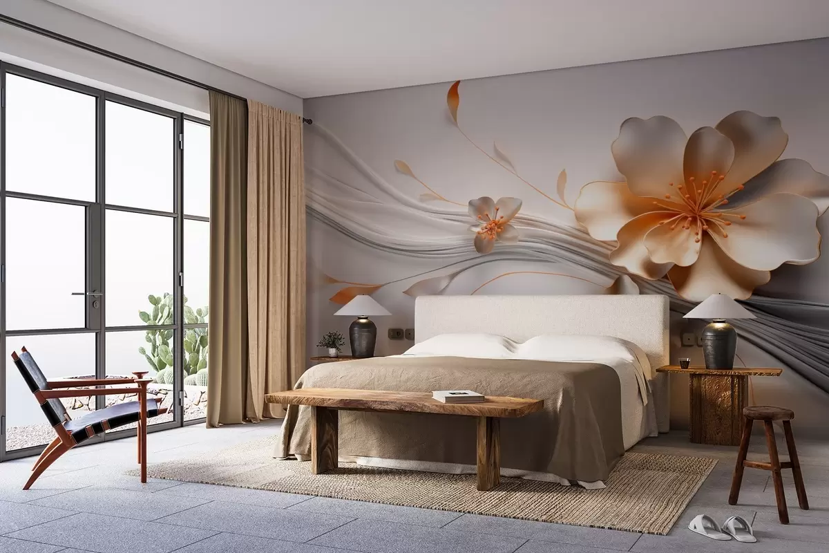 zidne murale Narančasti cvijet na sivoj apstraktnoj pozadini w09004