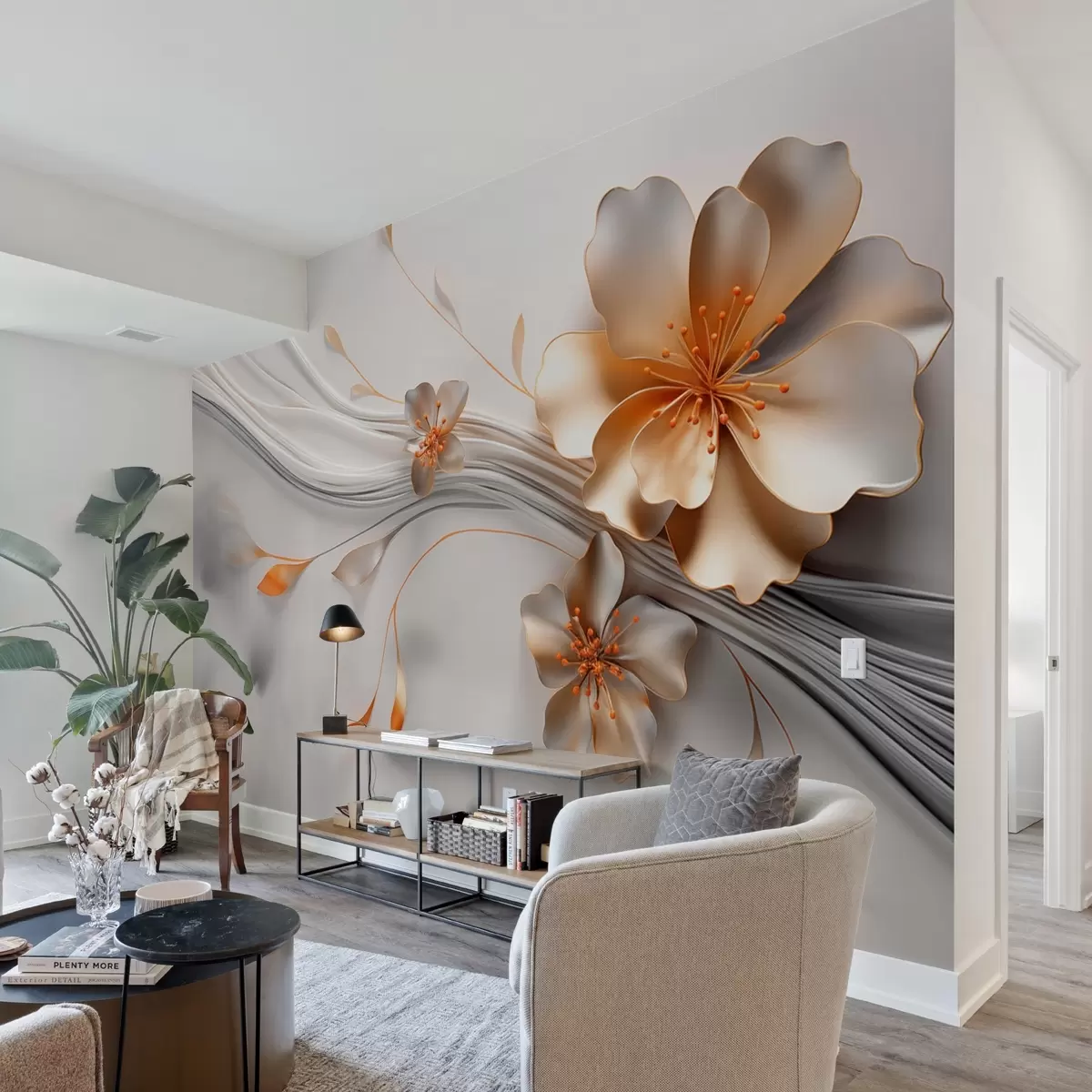 zidne murale Narančasti cvijet na sivoj apstraktnoj pozadini w09004