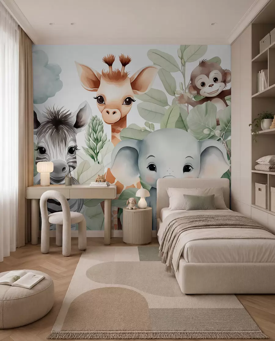 zidne murale Žirafa, zebra, slon i majmun među lišćem w03677