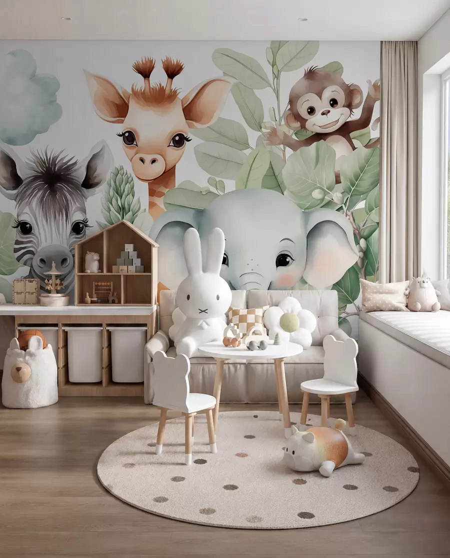 zidne murale Žirafa, zebra, slon i majmun među lišćem w03677
