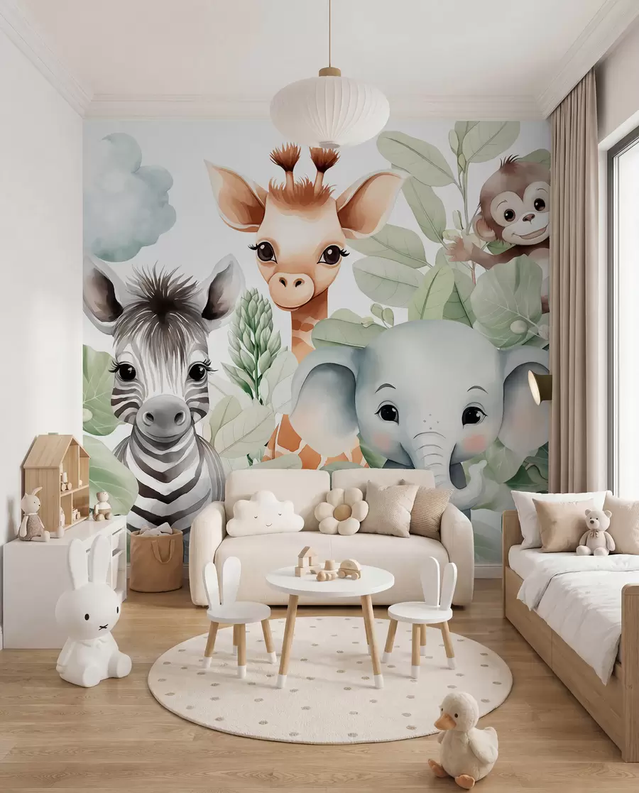 zidne murale Žirafa, zebra, slon i majmun među lišćem w03677