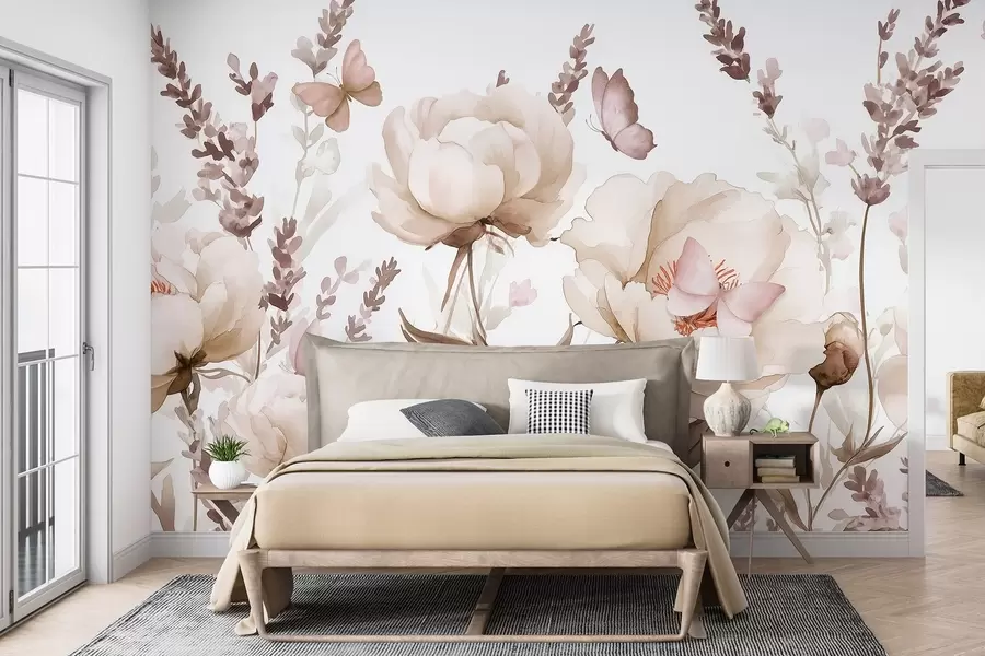 zidne murale Cvjetna livada, božuri, lavanda, leptiri, stil akvarela, bež boje w03668v2