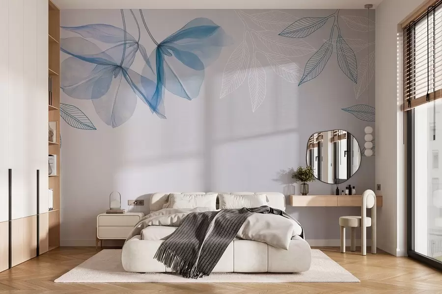 zidne murale nježno prozirno cvijeće i lišće u plavim tonovima w03616