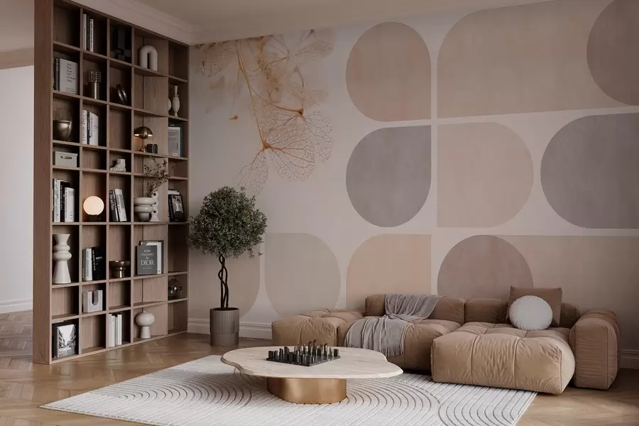 zidne murale geometrija i suho cvijeće s venama u bež tonovima w03617