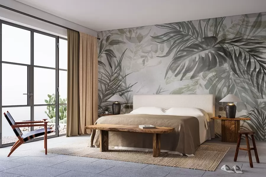 zidne murale Monstera i lišće palme u nijansama zelene i sive, botaničko, tropsko lišće, biljke iz džungle, teksturirana pozadina w09011