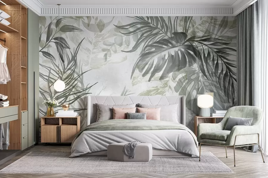 zidne murale Monstera i lišće palme u nijansama zelene i sive, botaničko, tropsko lišće, biljke iz džungle, teksturirana pozadina w09011
