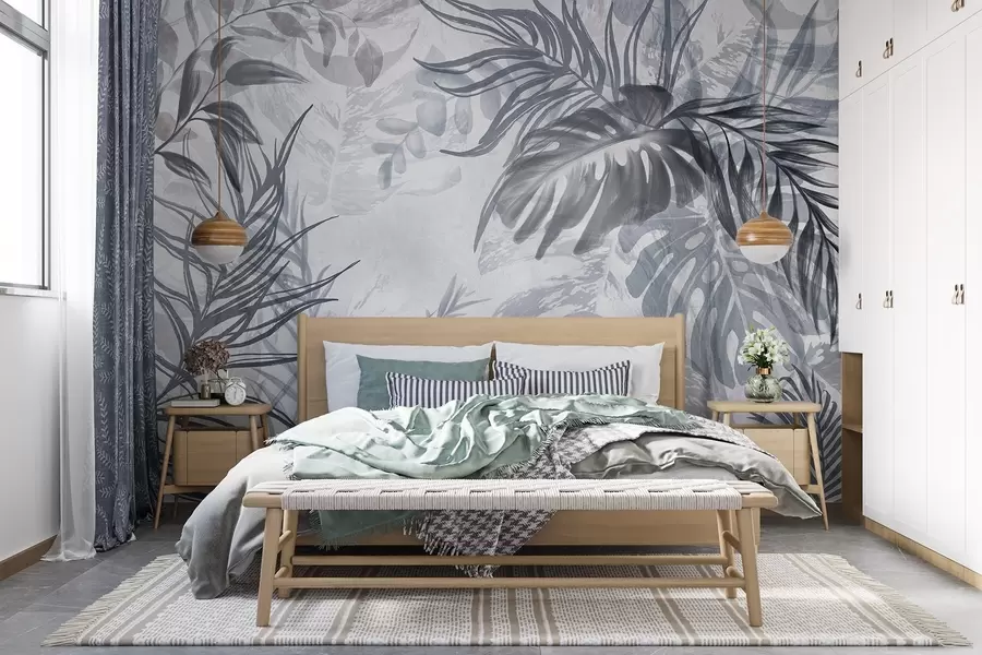 zidne murale Monstera i lišće palme u nijansama plave i sive, botaničko, tropsko lišće, biljke iz džungle, teksturirana pozadina w09011v1