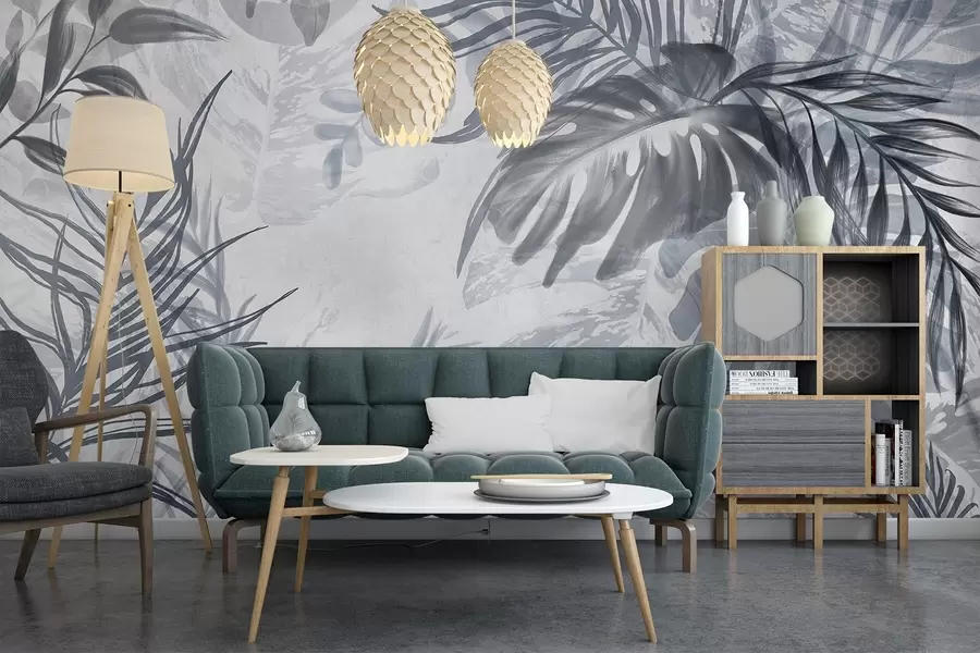 zidne murale Monstera i lišće palme u nijansama plave i sive, botaničko, tropsko lišće, biljke iz džungle, teksturirana pozadina w09011v1