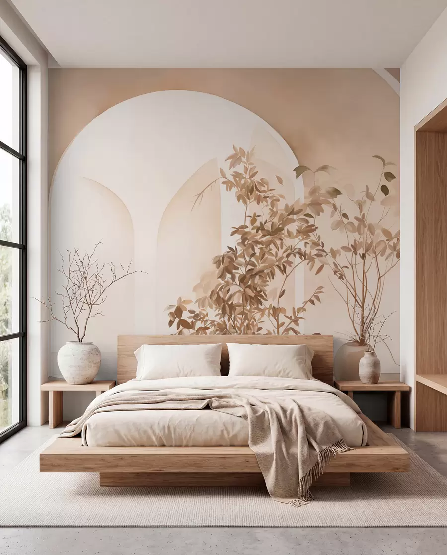 zidne murale Biljke u posudama s bež tonovima ispred apstraktnih lukova, minimalistički stil, elegantna i čista, neutralna pozadina w09013