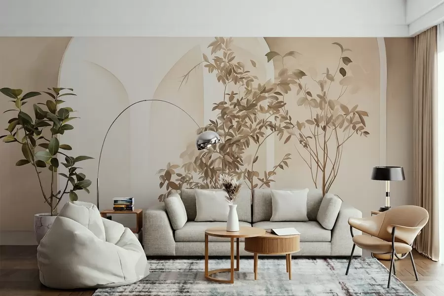 zidne murale Biljke u posudama s bež tonovima ispred apstraktnih lukova, minimalistički stil, elegantna i čista, neutralna pozadina w09013