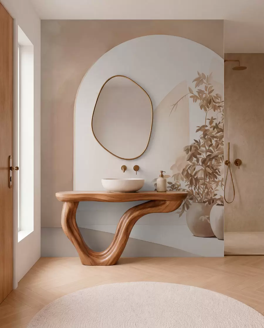 zidne murale Biljke u posudama s bež tonovima ispred apstraktnih lukova, minimalistički stil, elegantna i čista, neutralna pozadina w09013