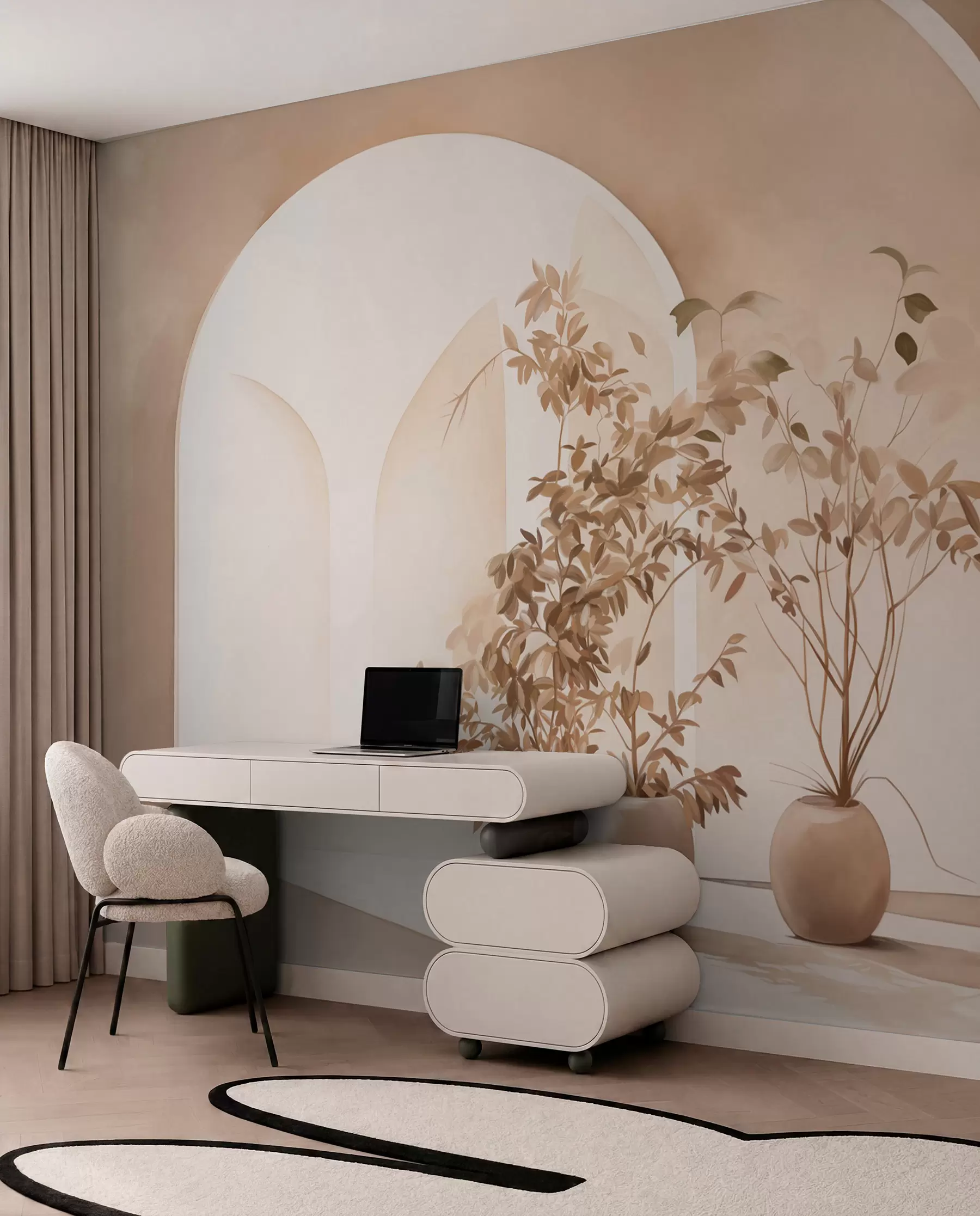 zidne murale Biljke u posudama s bež tonovima ispred apstraktnih lukova, minimalistički stil, elegantna i čista, neutralna pozadina w09013