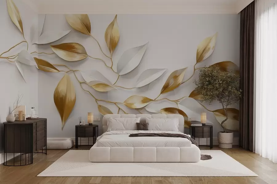 zidne murale Žuto i bijelo lišće na grani, elegantan dizajn, bijela pozadina, minimalistički stil, dekorativna umjetnost, nadahnuto prirodom w09015