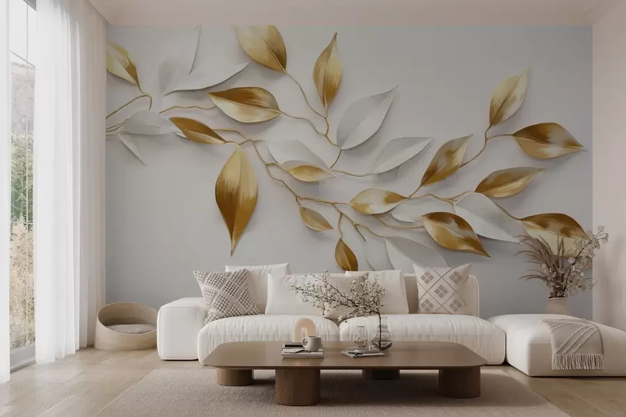 zidne murale Žuto i bijelo lišće na grani, elegantan dizajn, bijela pozadina, minimalistički stil, dekorativna umjetnost, nadahnuto prirodom w09015