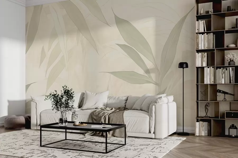 zidne murale Grane s lišćem u nježno zelenim tonovima na bež pozadini w09027