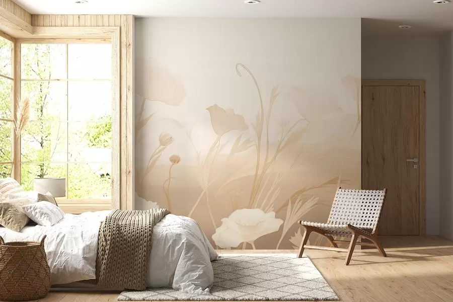 zidne murale Bijeli makovi u bež-sivim tonovima w09041