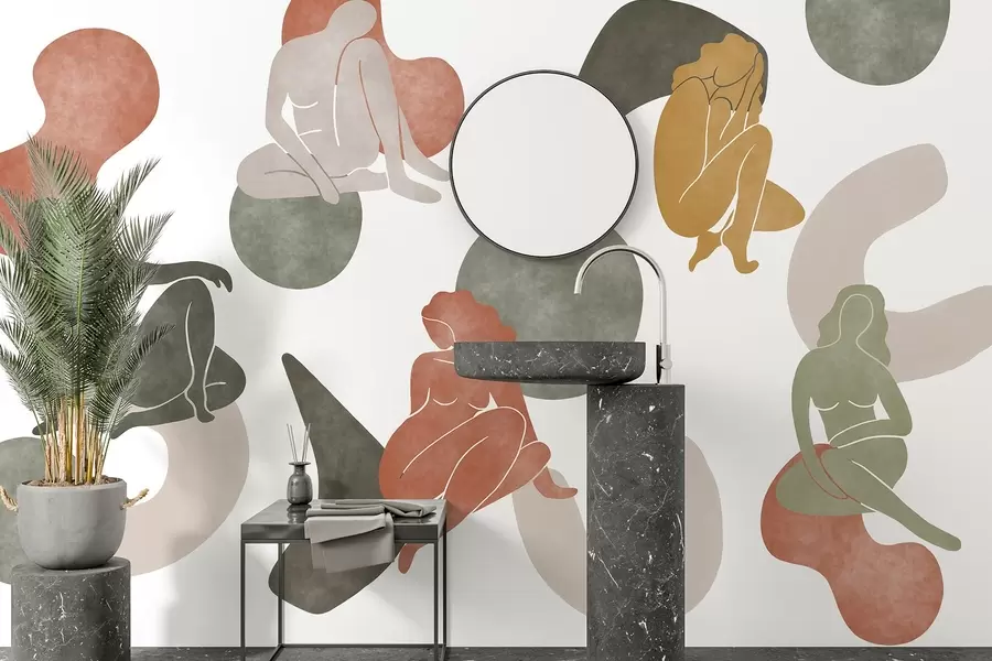 zidne murale Geometrijske apstrakcije sa ženskim siluetama, boho stil, smeđa, bež, zelena w03753