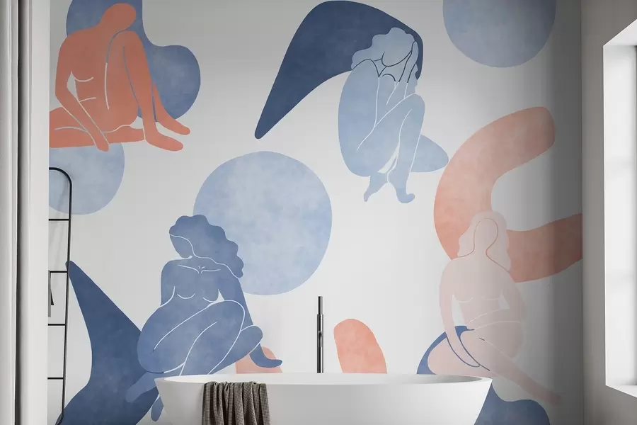 zidne murale Geometrijske apstrakcije sa ženskim siluetama, boho stil, plava, bež, ružičasta w03753v1