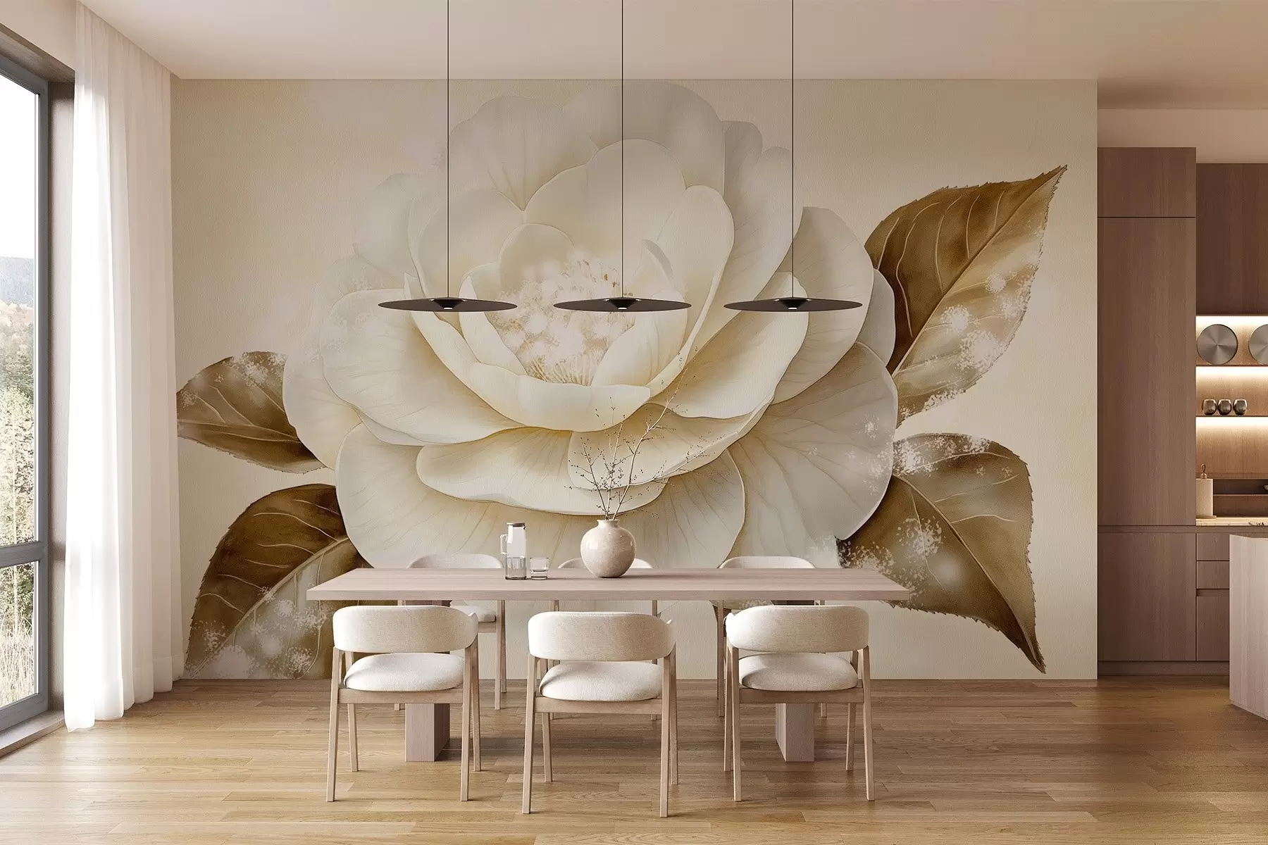 zidne murale Prekrasan cvijet božura u bež bojama w03757