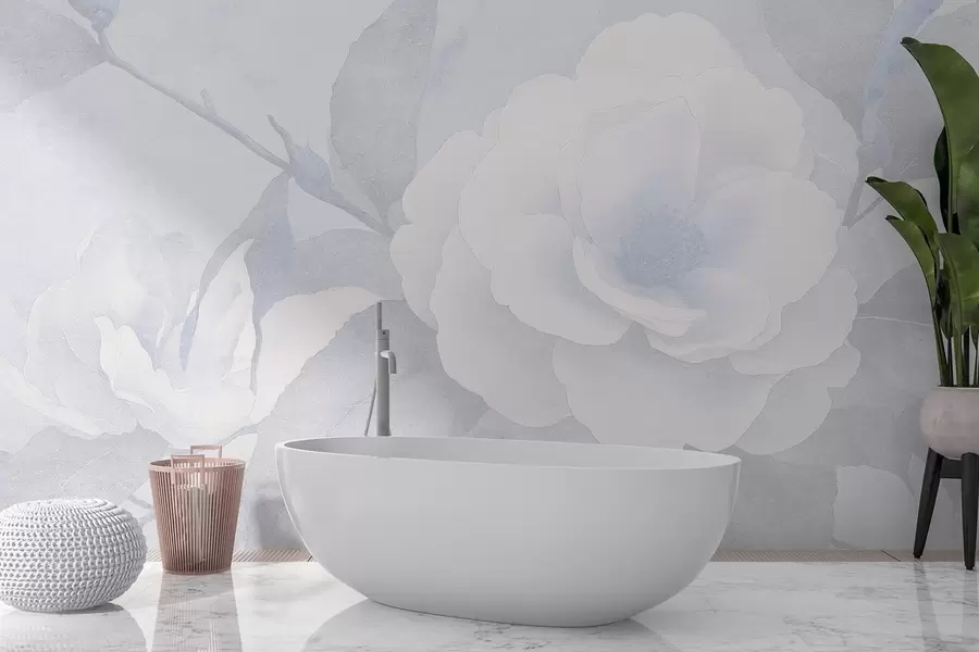 zidne murale Nježni pastel s cvjetovima kamelije na grani, plave boje w03760v1