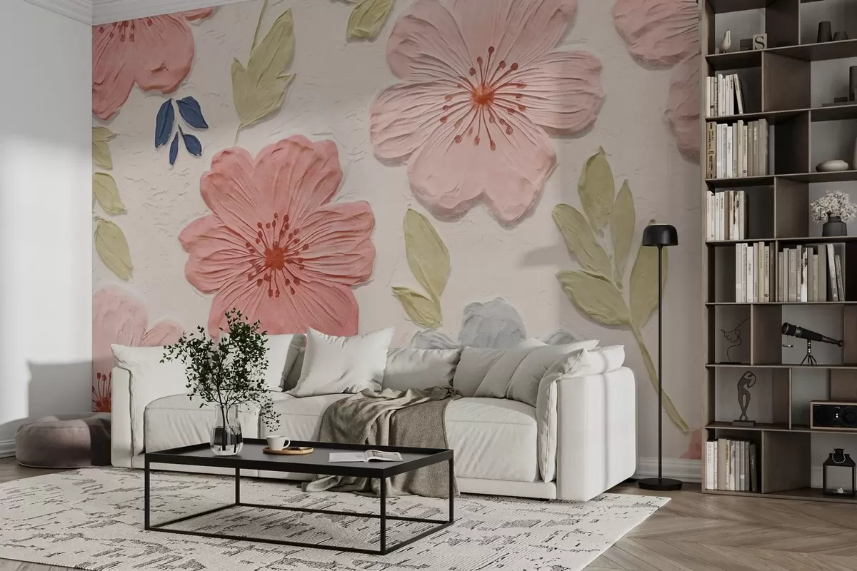 zidne murale Reljefno cvijeće u reljefnom stilu s ružičastim tonovima w03797