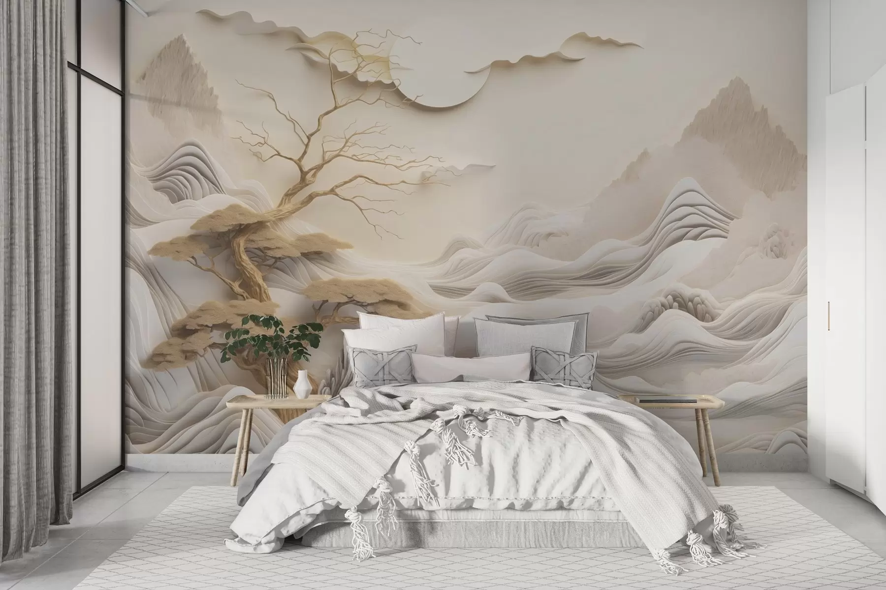 zidne murale Orijentalni krajolik s drvećem i planinama w03803